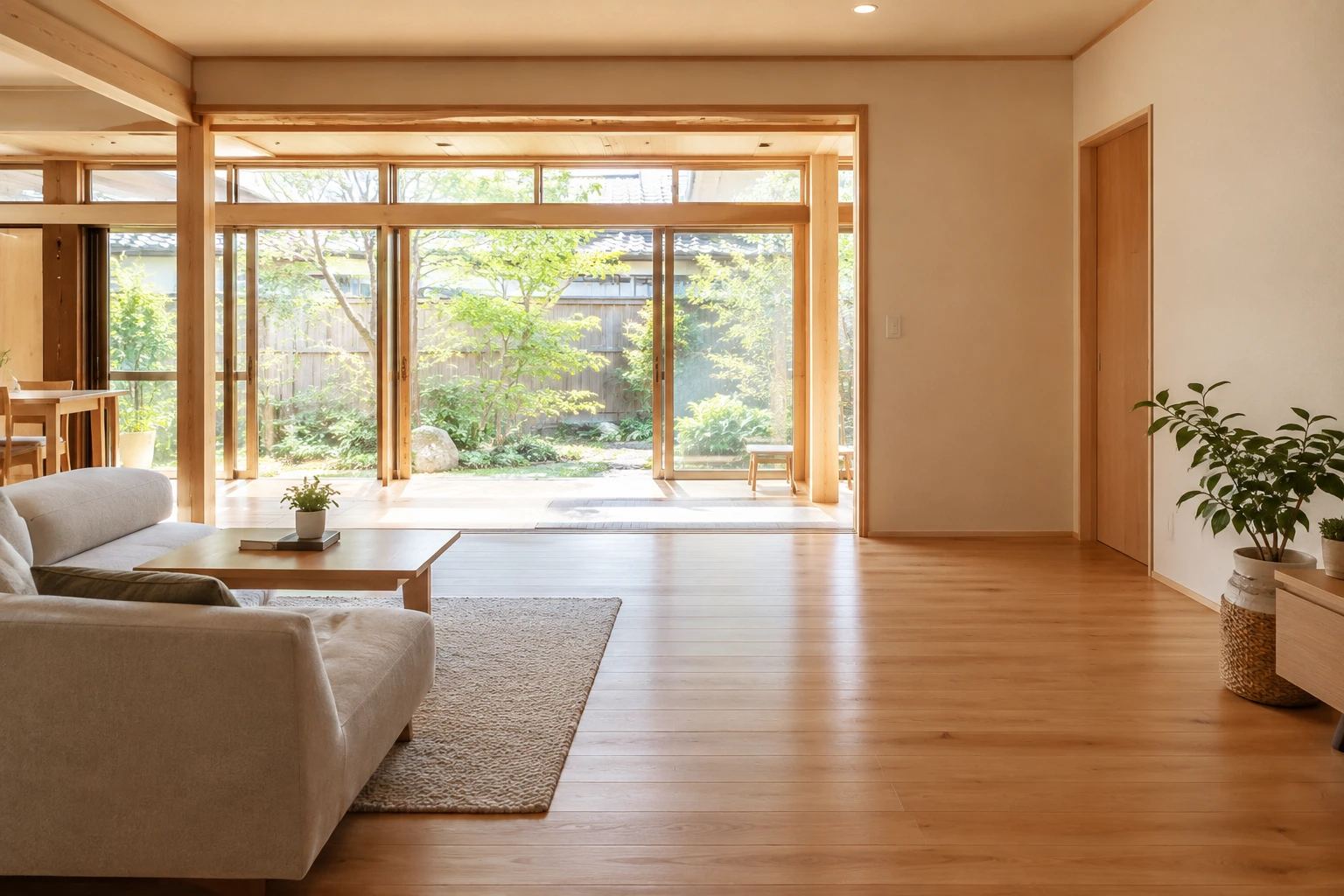 改修後のリビング。和室とつなげた広い部屋に無垢の床、縁側の向こうに庭が見える