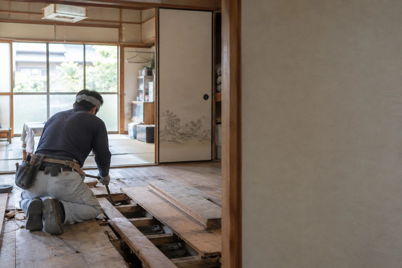 人が住む家の和室の隣の板の間で、傷んだ床板をはがして直している大工の後ろ姿